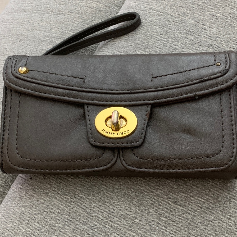 Jimmy Choo Dark Gray Leather Wristlet with Gold Accents